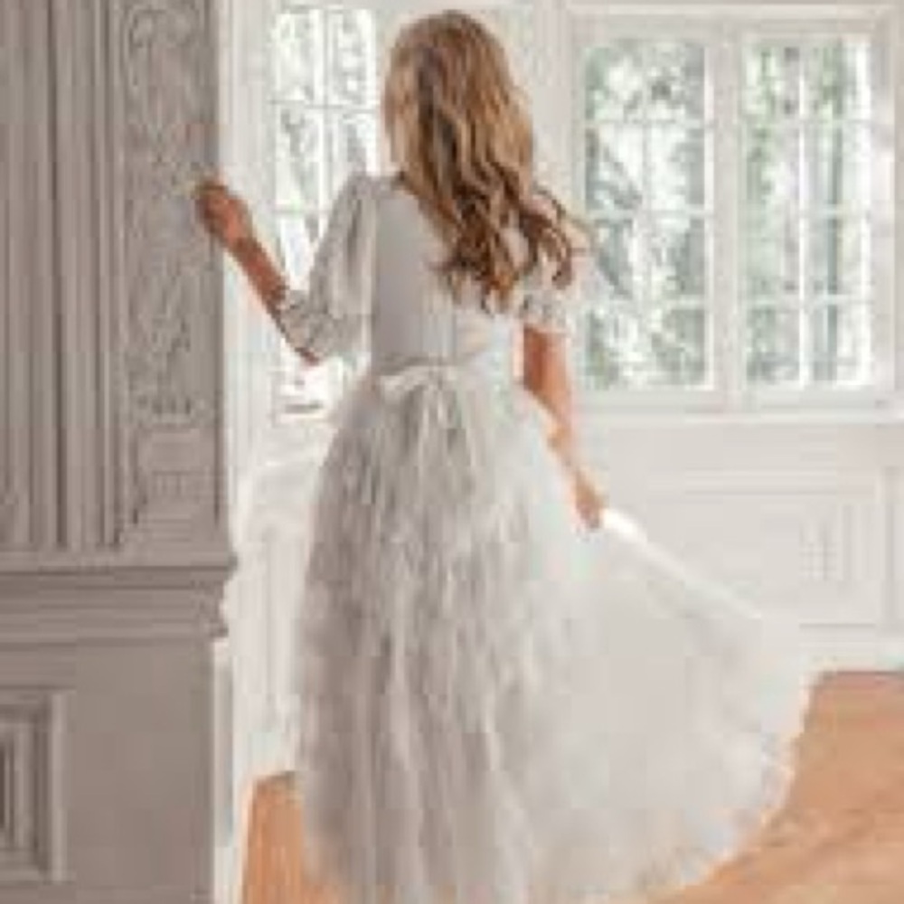 JessaKae White Tiered Lace Puff Sleeve Wedding Dress - Picture 6 of 13